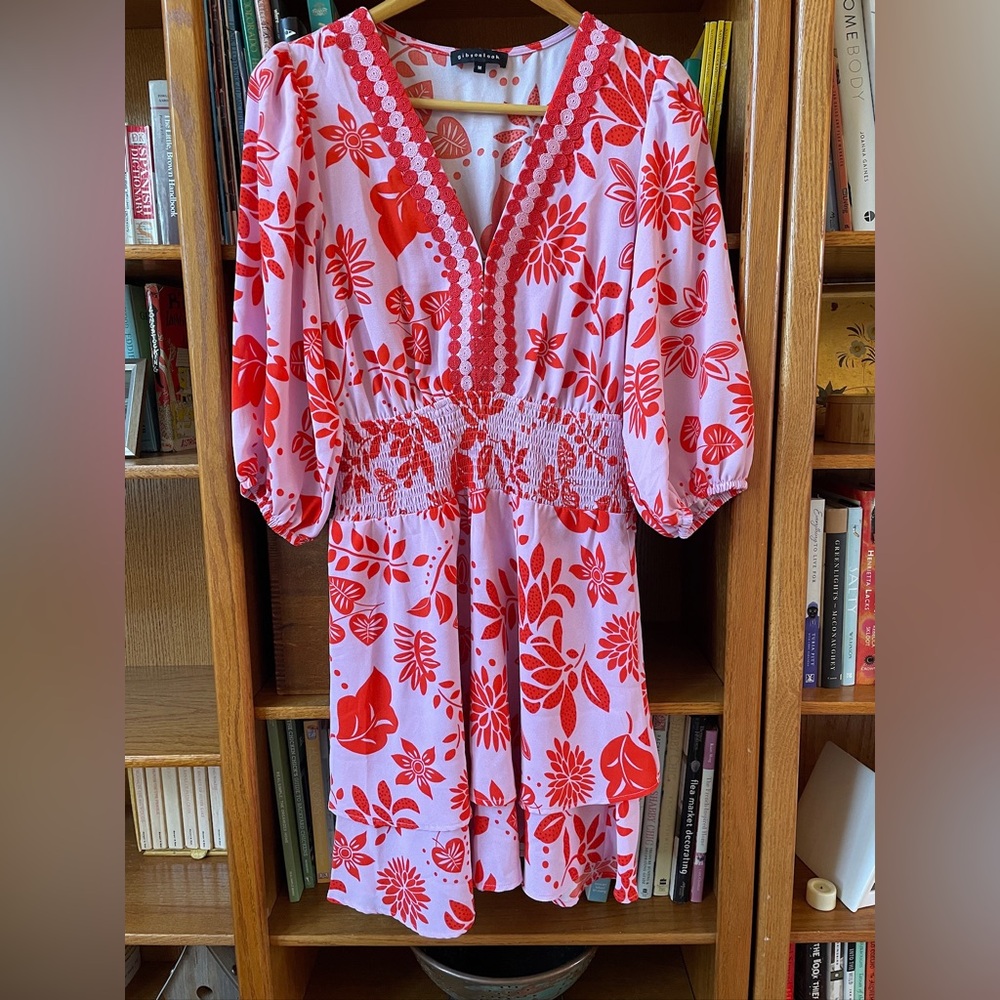Gibsonlook Hi Sugarplum Vista V-Neck Smocked Dress Medium Pink Coral Floral EUC